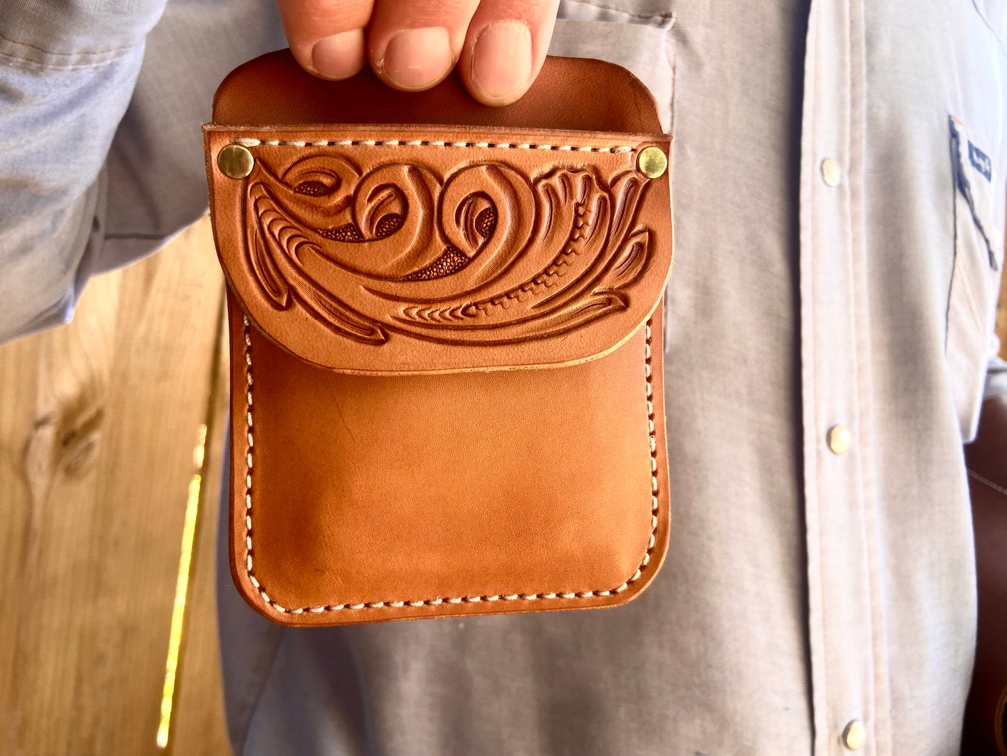 Natural Tooled Floral Leather Pocket Protector