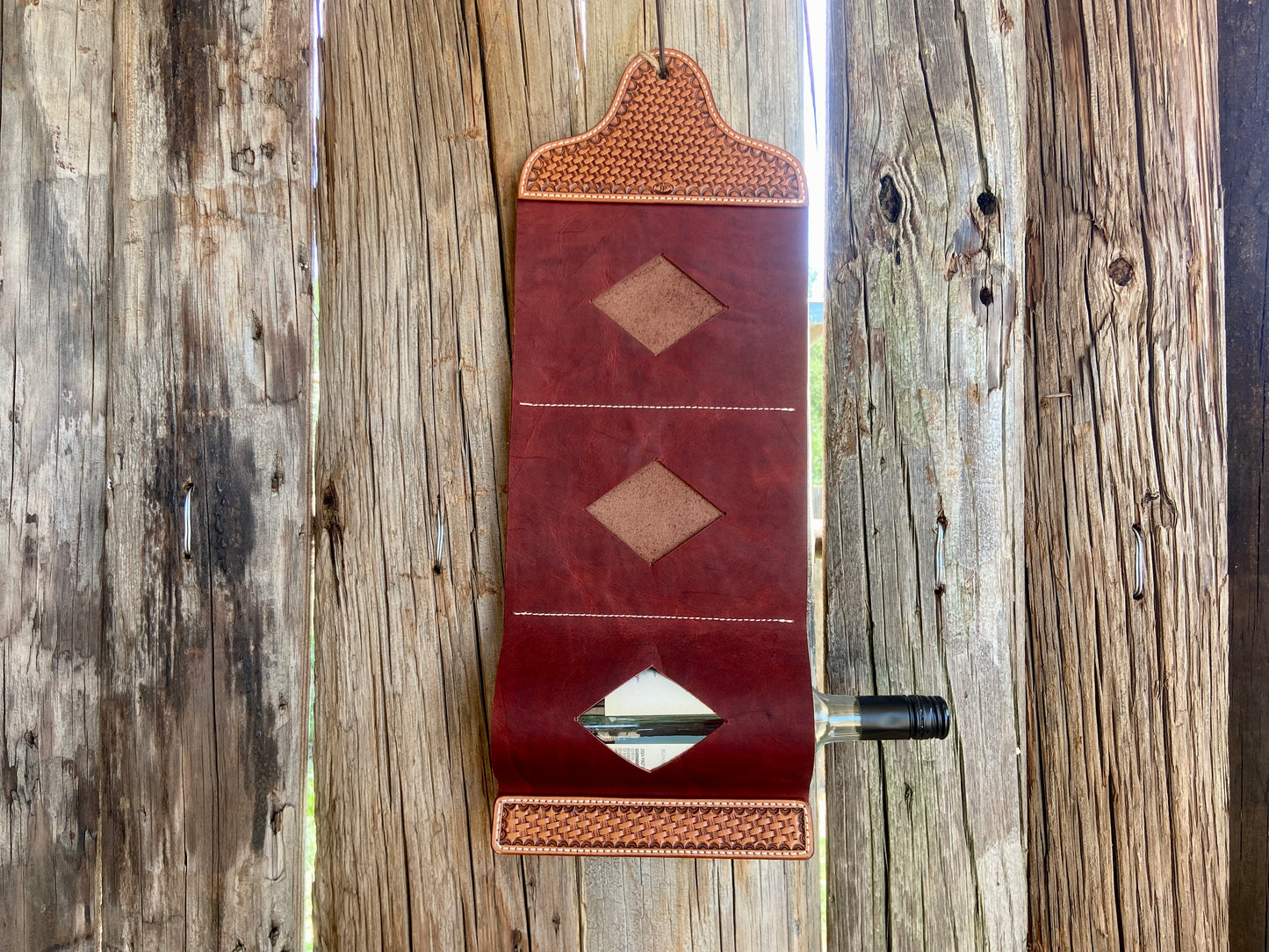 Basket Stamped Leather Wine Hanger