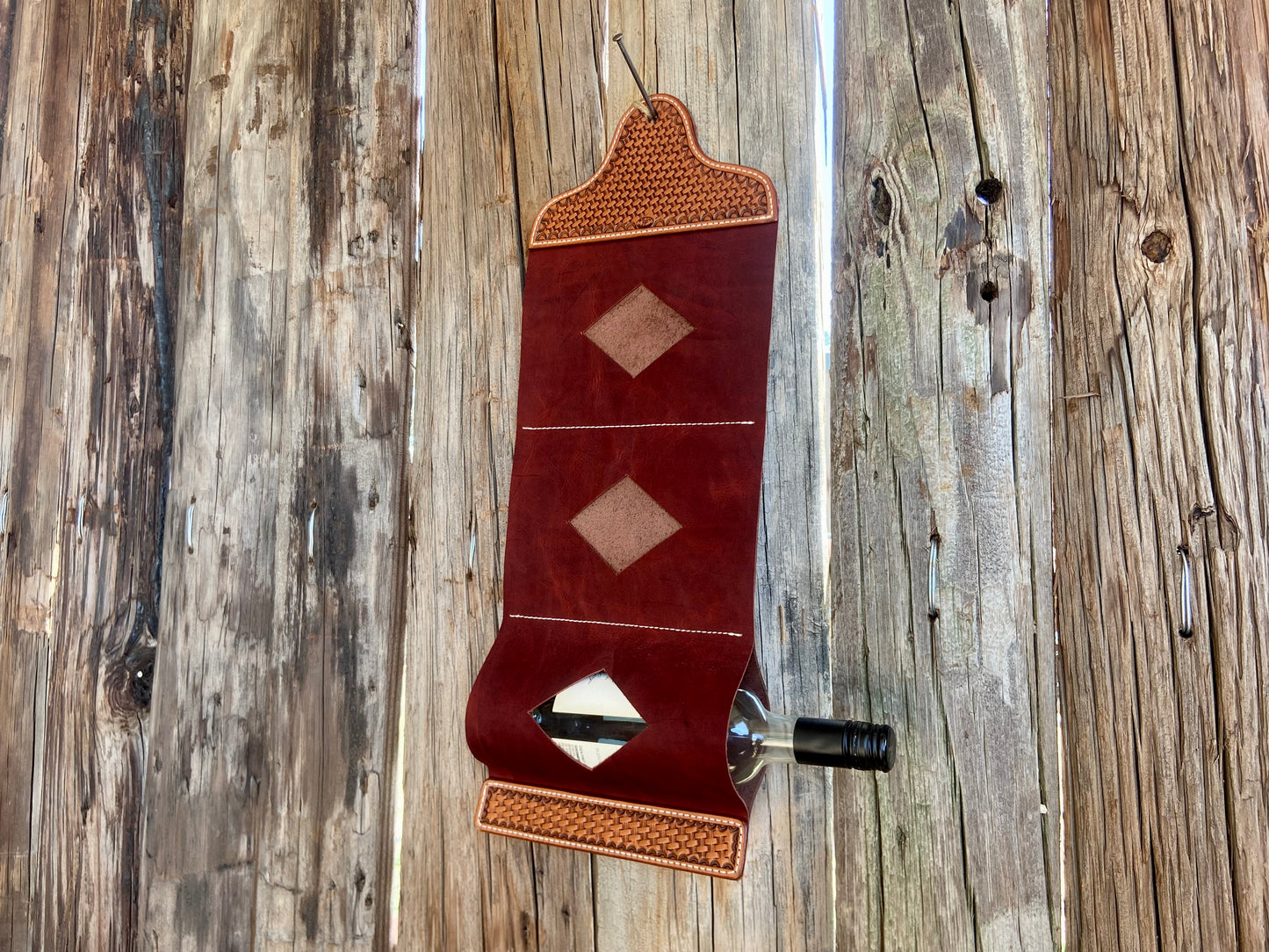 Basket Stamped Leather Wine Hanger