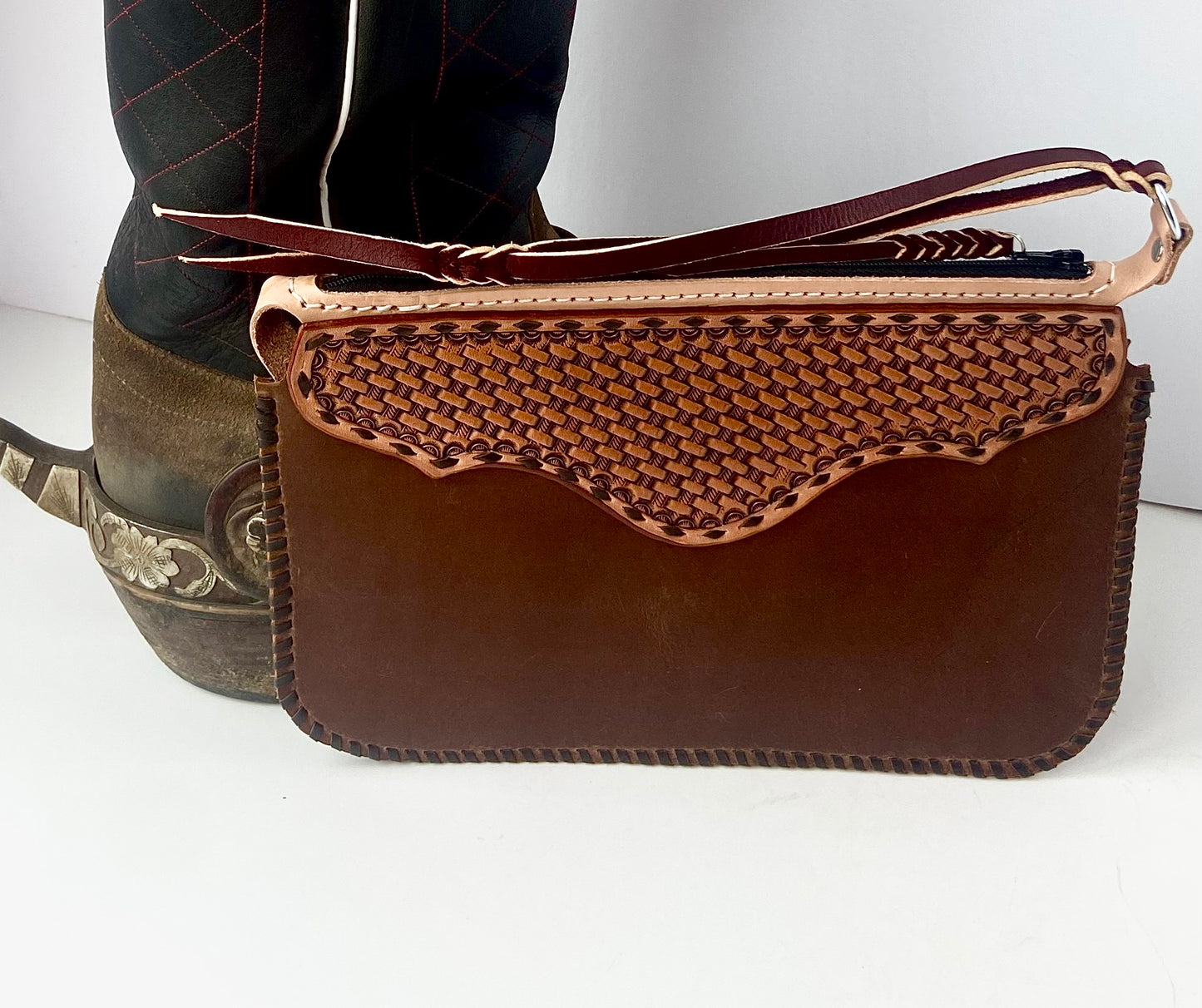Basket Stamped and Buck Stitched Clutch Purse