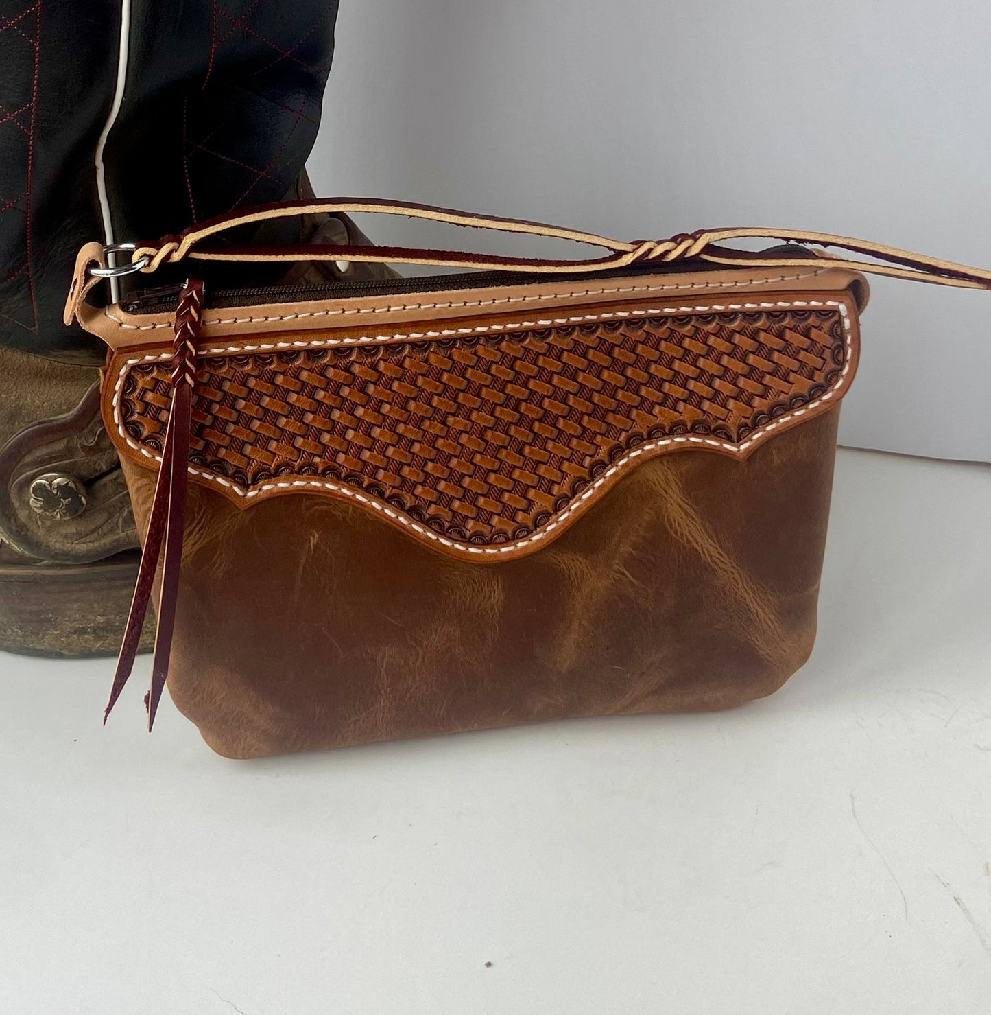 Cognac Basket Stamped Clutch Purse