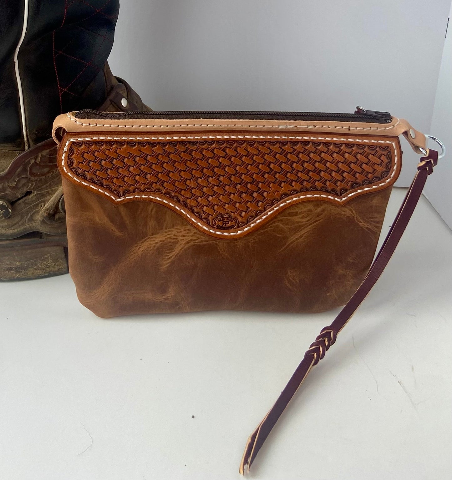 Cognac Basket Stamped Clutch Purse