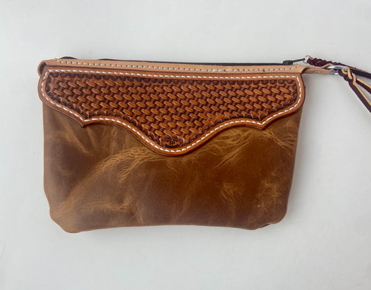 Cognac Basket Stamped Clutch Purse
