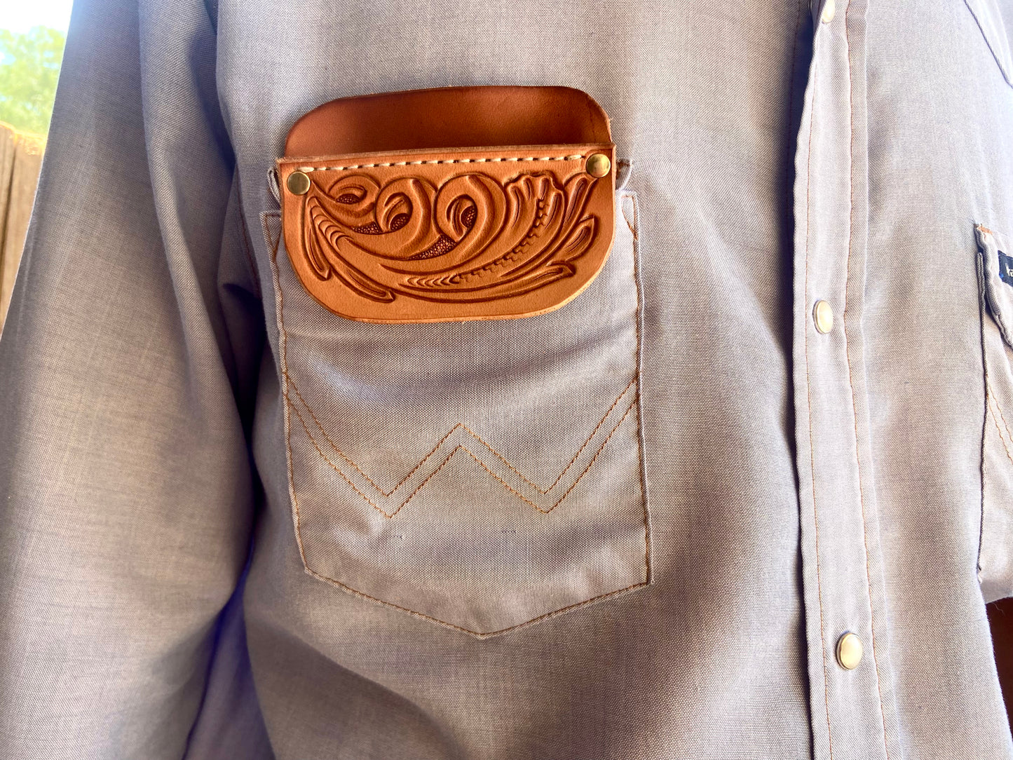 Natural Tooled Floral Leather Pocket Protector