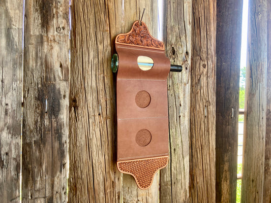 Tooled and Basket Stamped Leather Wine Hanger